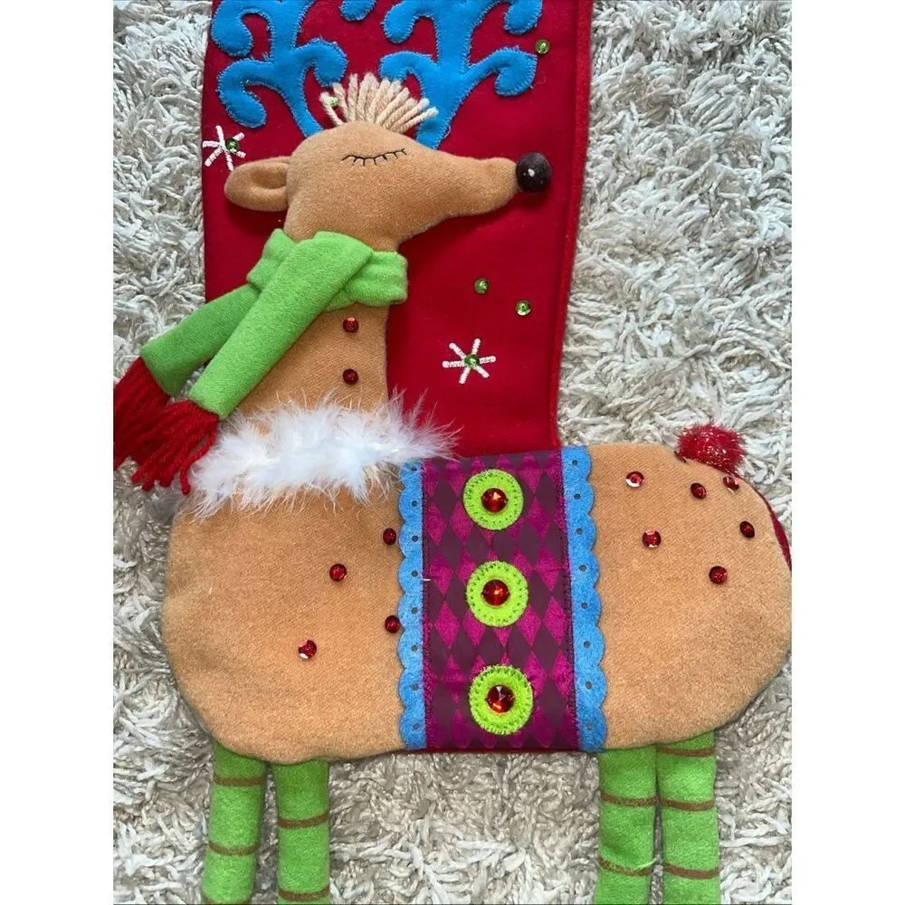 Pier 1 One Imports Festive Reindeer Dangle Legs Sequin Christmas Stocking